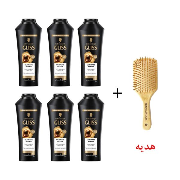 پک 6 عددی شامپو گلیس مشکی 400 میل همراه برس مو هدیه