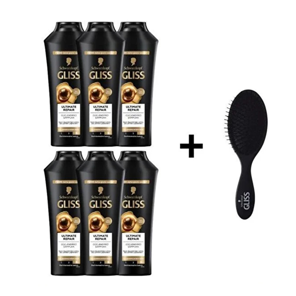 پک 6 عددی شامپو گلیس مشکی 400 میل همراه برس مو هدیه