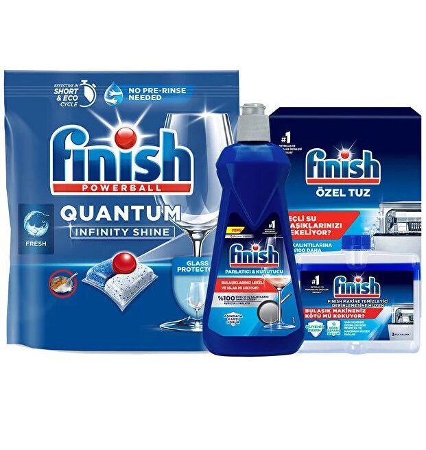 قرص ماشین ظرفشویی فینیش کوانتوم 60 عددی همراه نمک ظرفشویی و جرم گیر و جلادهنده 400 میل (انقضا:2028)