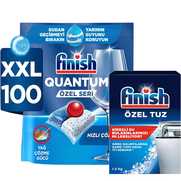 قرص ماشین ظرفشویی فینیش اصل کوانتوم 100 عددی همراه نمک ظرفشویی فینیش ozel tuz بسته 1.5 کیلویی