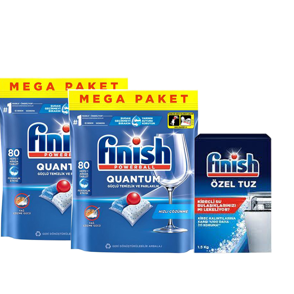 پک دو عددی قرص ماشین ظرفشویی فینیش کوانتوم 80  عددی همراه نمک ماشین ظرفشویی 1.5 کیلویی  (انقضا:2028)